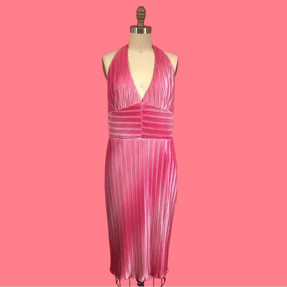 Vintage 90s/Y2K Pink Ombre SPARKLE Micro Pleated/Plisse Halter Mini Dress 12
